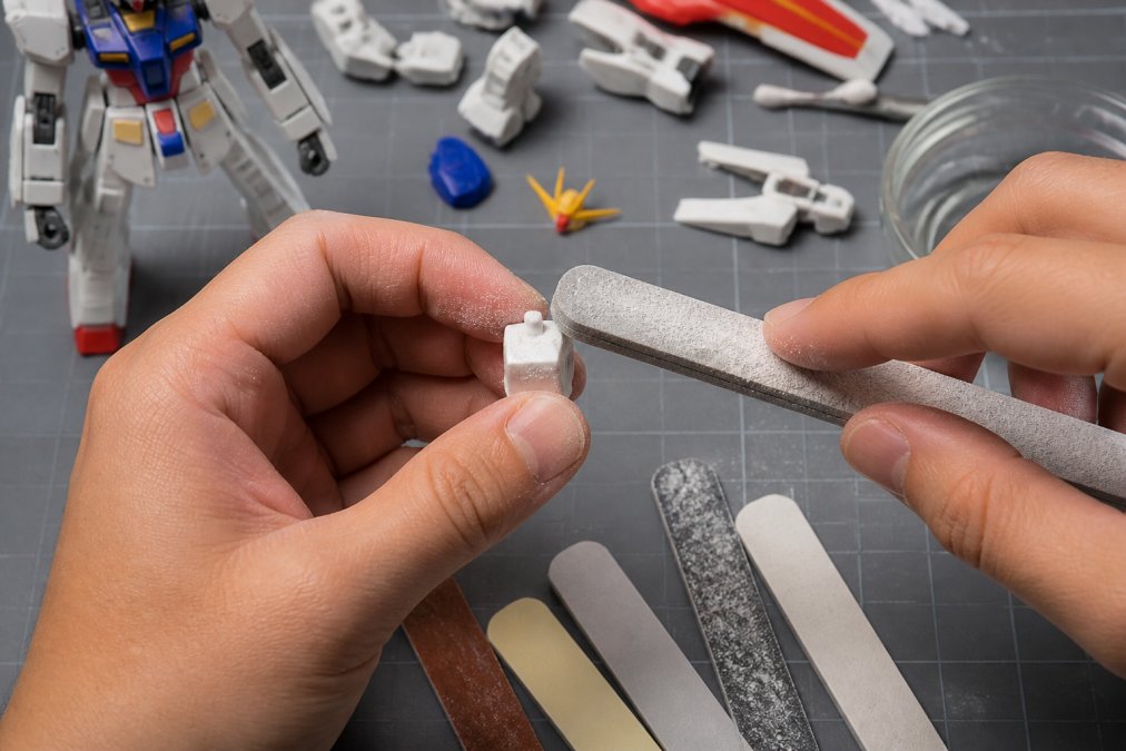 Hands demonstrating sanding technique on a plastic Gundam model part using a sanding stick, with visible plastic dust, multiple grits of sandpaper arranged on a gray work mat, and model parts in background