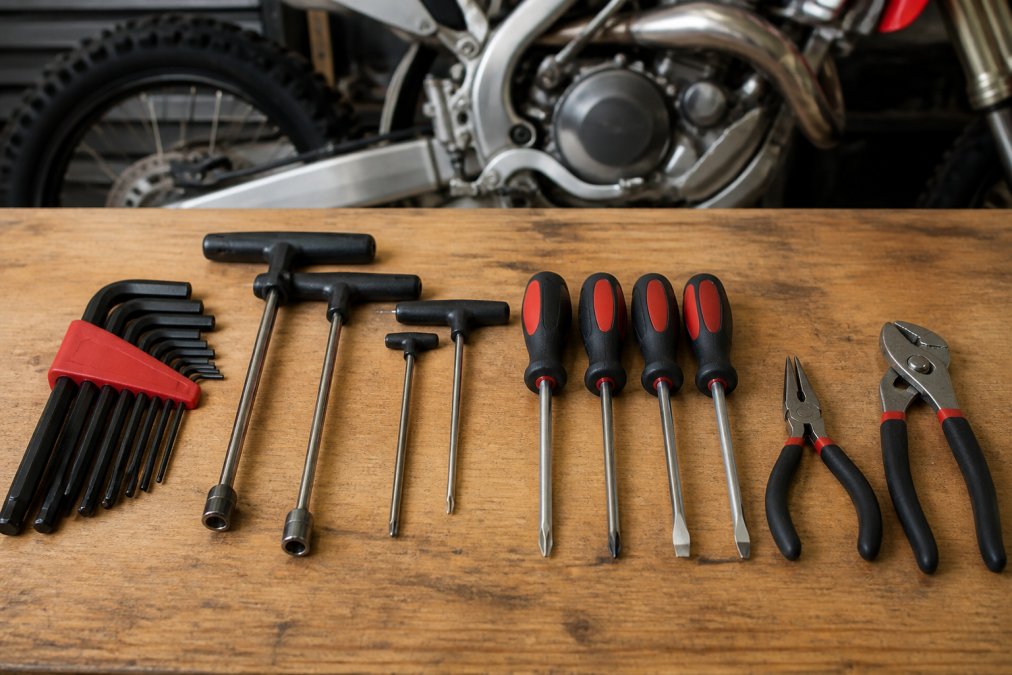 Professional mechanic's workbench with organized collection of hex keys, T-handle wrenches, JIS screwdrivers, needle-nose pliers, and standard pliers arranged on a clean surface with a dirt bike partially visible in background