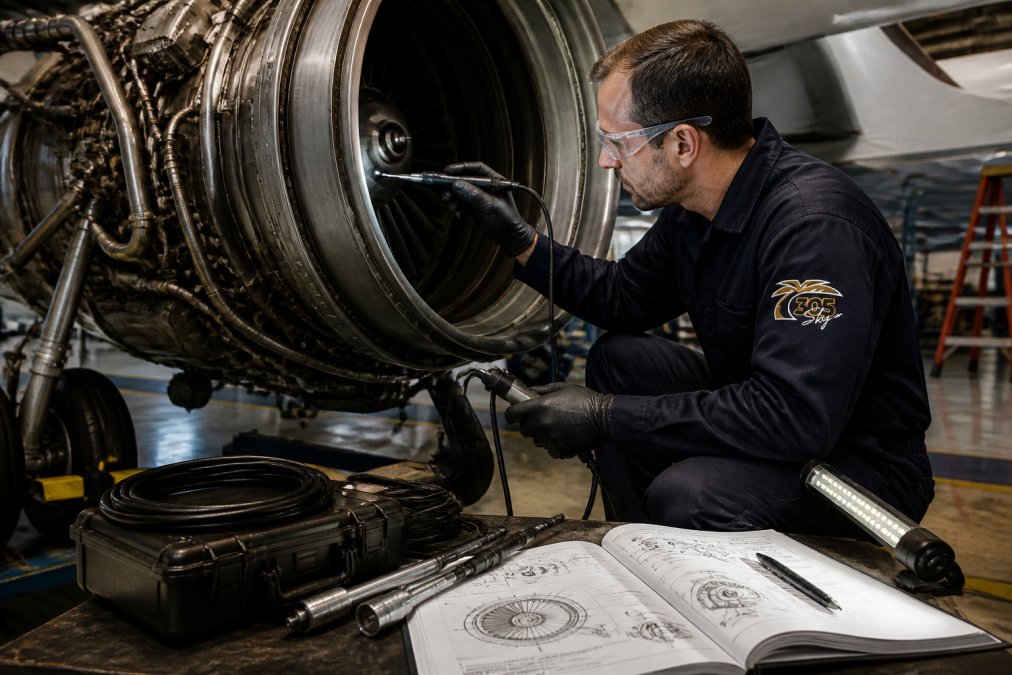 Aviation technician in protective gear performing borescope inspection of jet engine hot-section, with specialized lighting equipment and technical manual visible on workbench