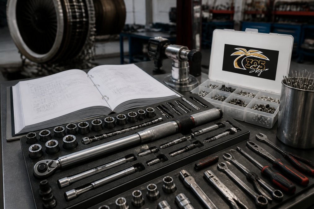 Close-up of precision torque wrenches, socket sets, and hand tools organized on workbench with technical manual, measurement devices, and FOD prevention containers nearby