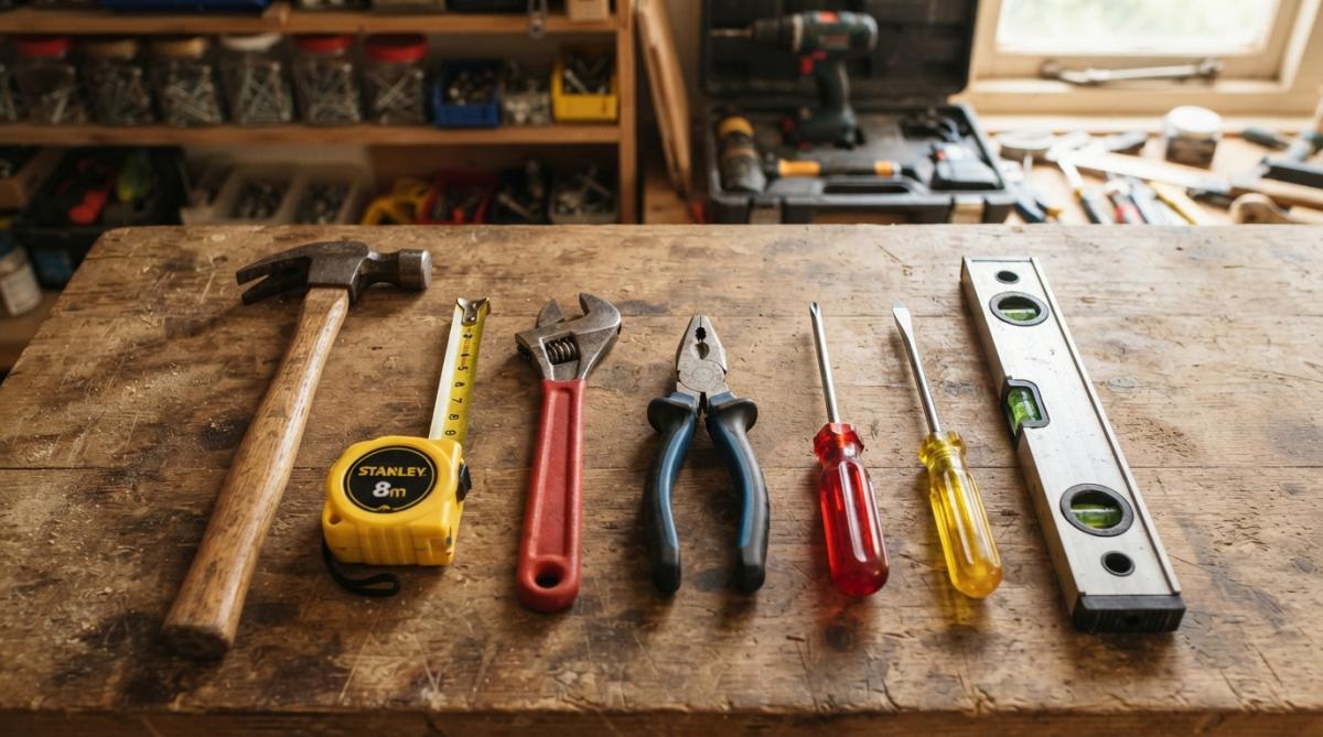 Flat lay of common hand tools including a claw hammer, screwdrivers, adjustable wrench, tape measure, spirit level, and pliers arranged neatly on a wooden workbench in warm workshop lighting