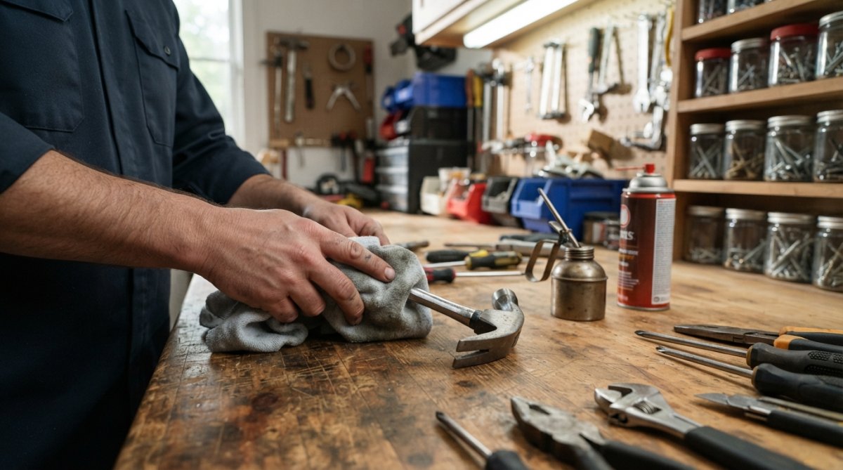 Close-up of a person's hands wiping down metal hand tools with a clean cloth, with a small oil can and rust prevention spray visible on a wooden garage workbench under bright workshop lighting
