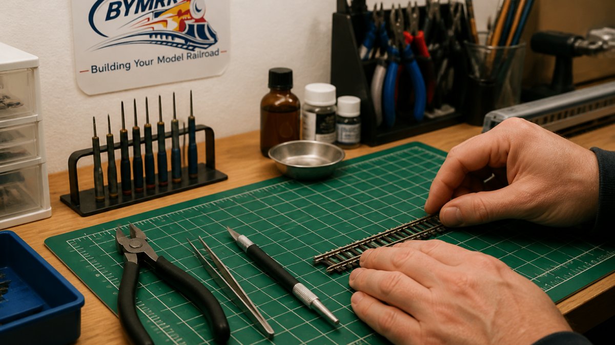Organized workbench with hobby knife, rail nippers, tweezers, precision screwdrivers, and cutting mat with hands positioning a model railroad component