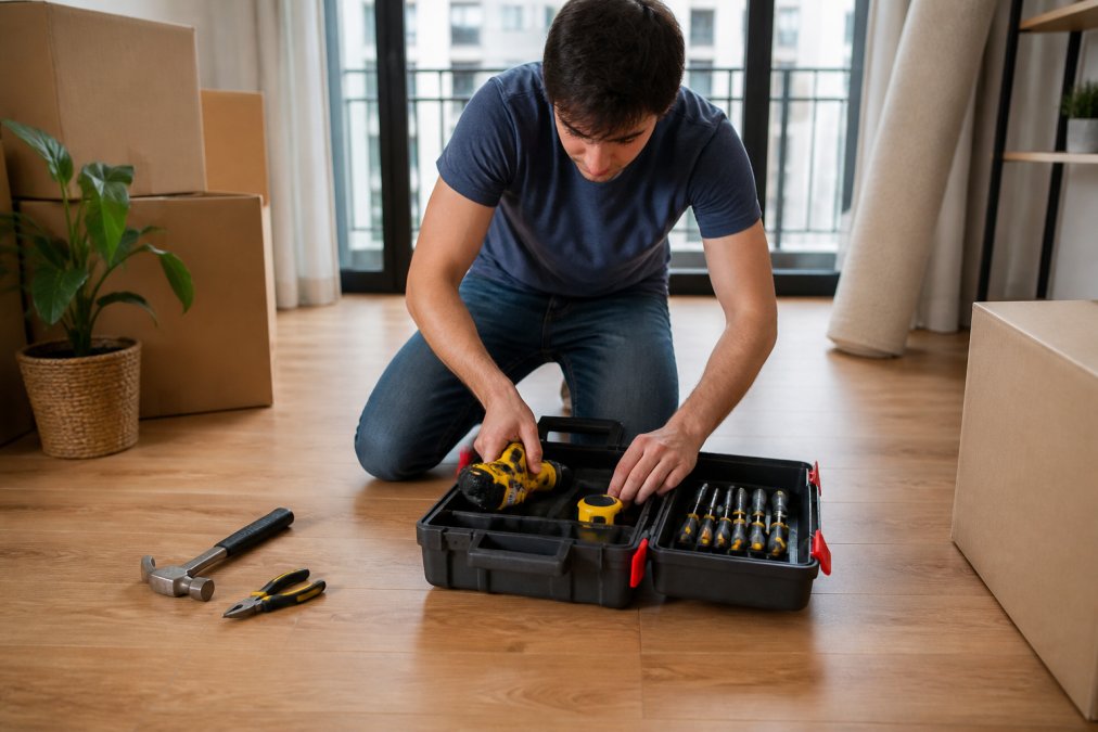 Young adult organizing essential tools for new apartment moving into a compact toolbox on a bright floor