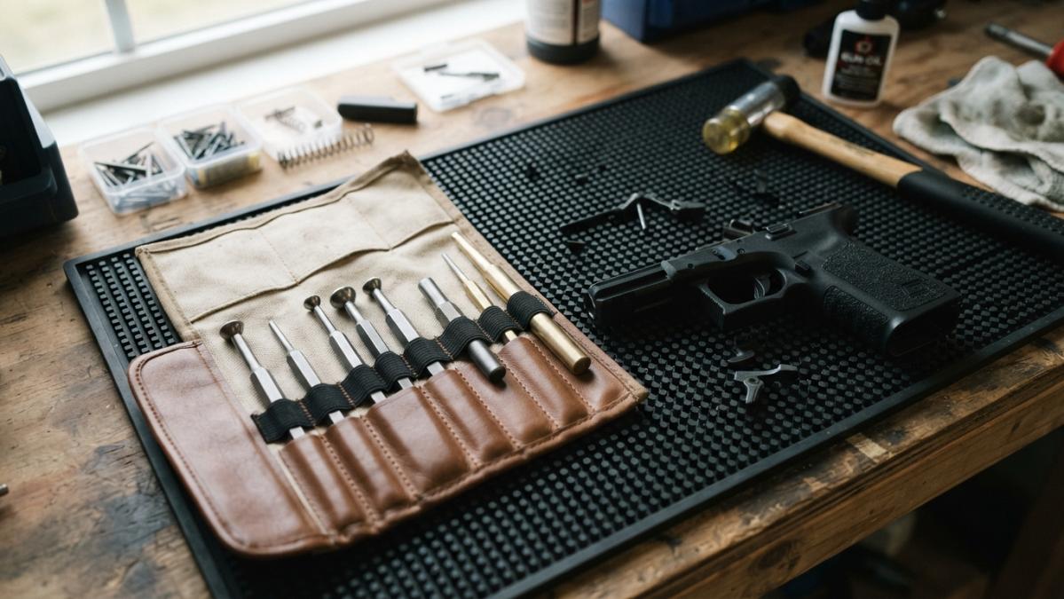 Gunsmithing punch set arranged on a mat next to a disassembled pistol frame for trigger installation