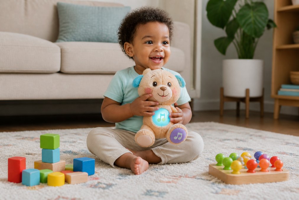 A smiling toddler plays with essential toys like plush musical items and building blocks on a cozy living room floor.