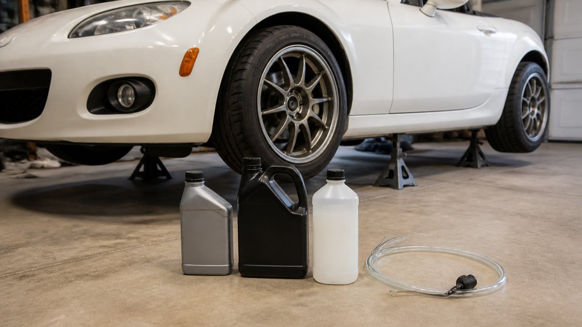 Mazda Miata on jack stands with essential track day fluids and a brake bleeder hose in a garage