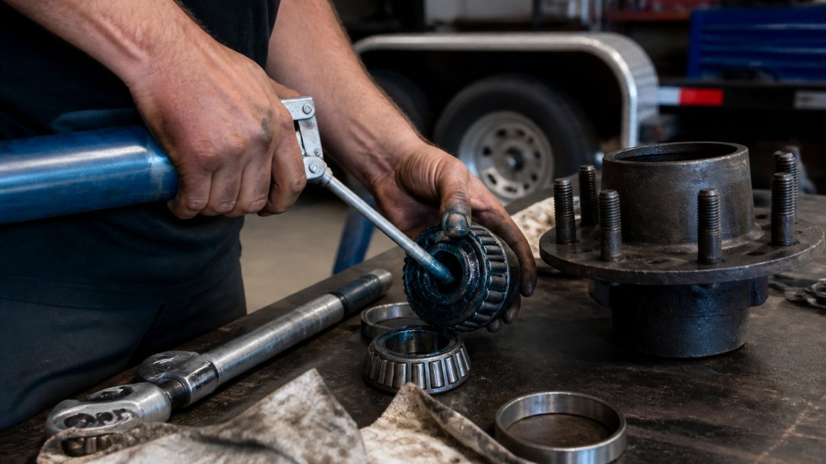 Mechanic using a grease gun on a trailer wheel bearing as part of essential trailer parts for regular maintenance.