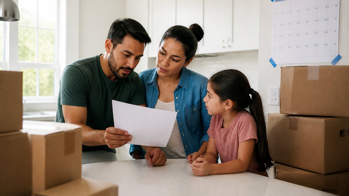 Family with moving boxes in an empty kitchen, looking at a checklist and calendar on the wall, natural morning light through windows