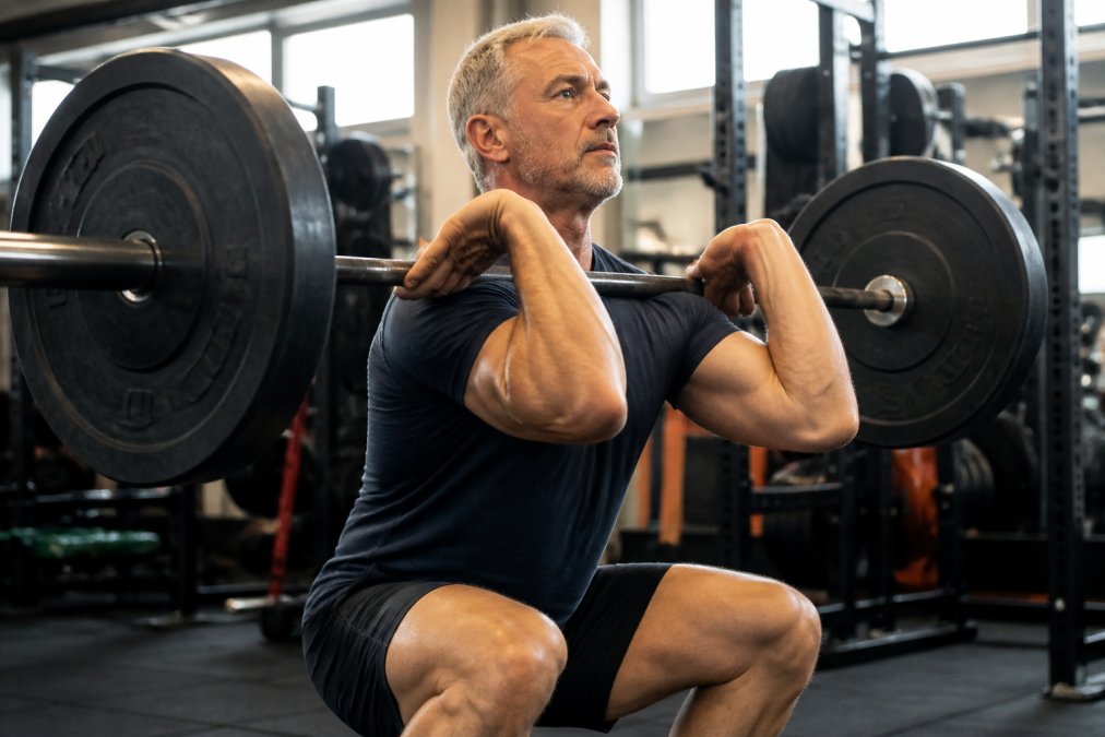 Active man over 50 performing strength training with barbell in well-lit gym, demonstrating focused muscle engagement and proper lifting form