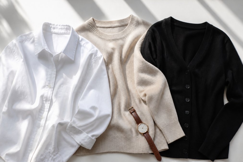 A flat lay of neutral-toned tops on a clean white surface: a crisp white poplin button-down, a soft oatmeal knit sweater, and a black cardigan, with natural window light and a simple leather watch as an accent