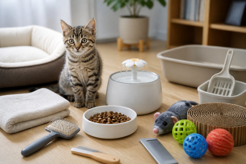 A small tabby kitten sitting beside an organized spread of pet supplies on a wooden floor, including a water fountain, grooming brush, small colorful toys, and a ceramic food bowl, in a bright and cozy home setting with warm natural light