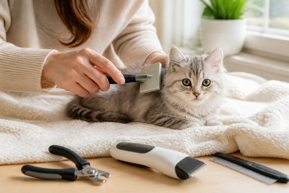 A person gently grooming a fluffy kitten on a soft blanket using a small pet brush, with nail clippers and a grooming trimmer visible nearby on a light-colored surface in a bright room with natural window light