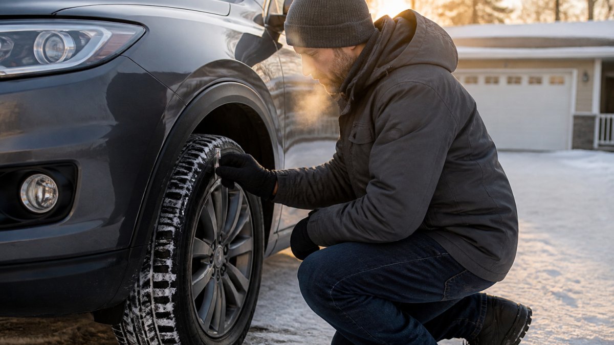 A person in warm winter clothing checking tire tread with a gauge on an SUV parked in a snowy driveway, breath visible in cold air