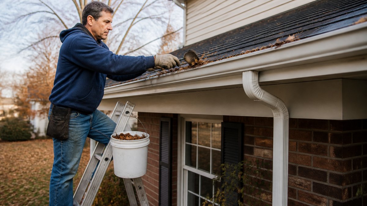 A homeowner on a ladder cleaning leaves from a rain gutter on a suburban house, bucket and trowel visible, late autumn setting with bare trees