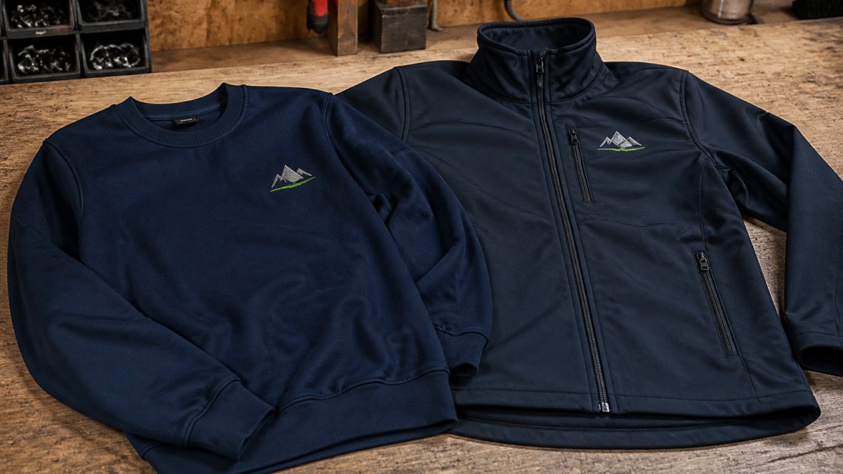 A close-up of a navy embroidered work sweatshirt and a softshell jacket laid flat on a workshop bench, with a subtle company logo visible on the chest, natural daylight