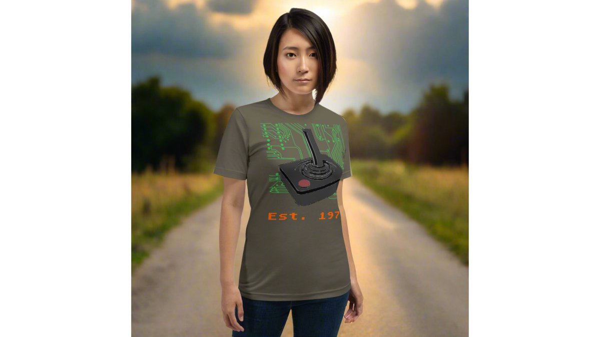 Established 1972 with circuit board and Atari CX40 joystick Unisex t-shirt