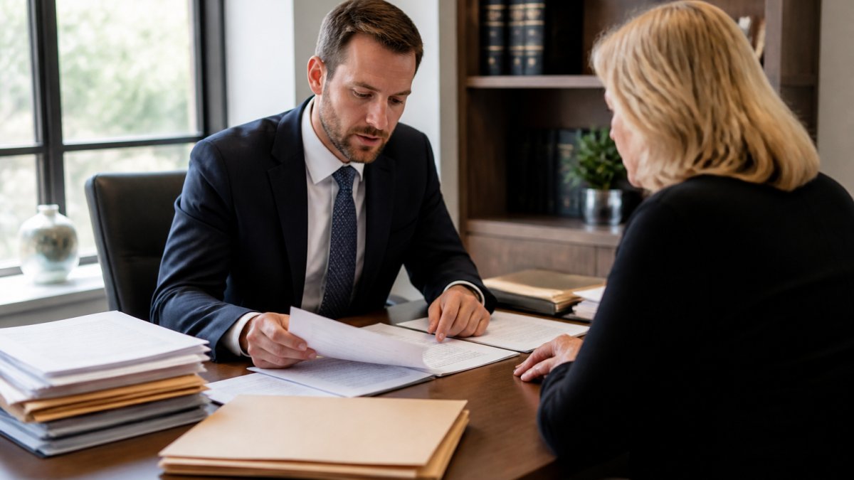 Estate attorney reviewing court documents with a client to explain the estate attorney's role in court confirmed sales