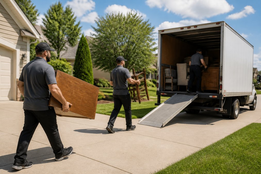 Professional junk removal crew loading furniture and household items into a large truck, with team members carrying items down a residential driveway on a sunny afternoon