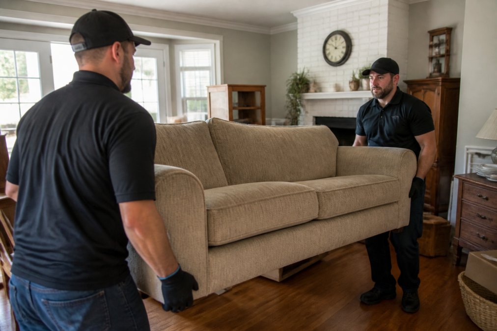 Professional crew members using safe lifting techniques to remove furniture during an estate cleanout timeline.