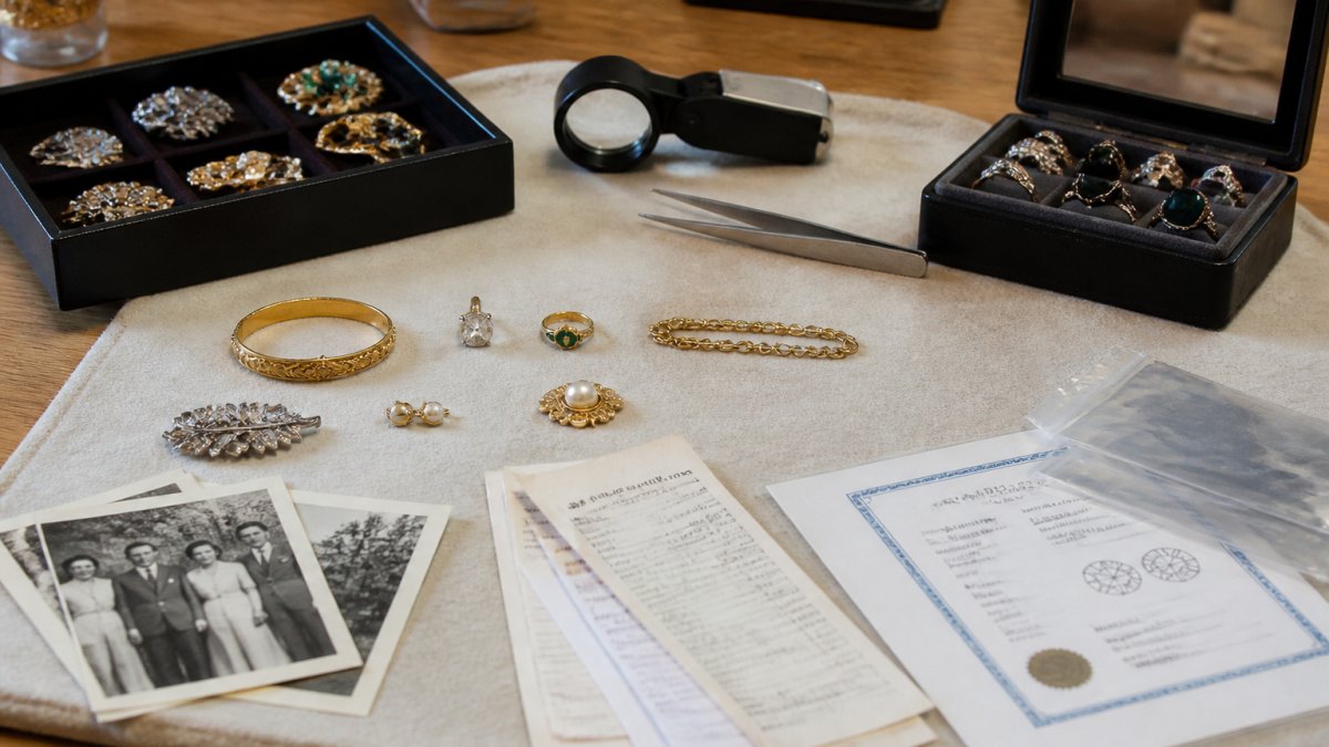Close-up of organized estate jewelry pieces laid out on a soft neutral surface with original purchase receipts, GIA certificates, and vintage photographs arranged nearby, ready for professional appraisal