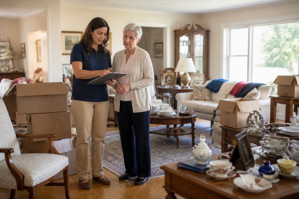 A compassionate adult child and a professional estate coordinator standing together in a sunlit living room surrounded by neatly sorted personal belongings, labeled boxes, and furniture arranged for viewing during an estate sale