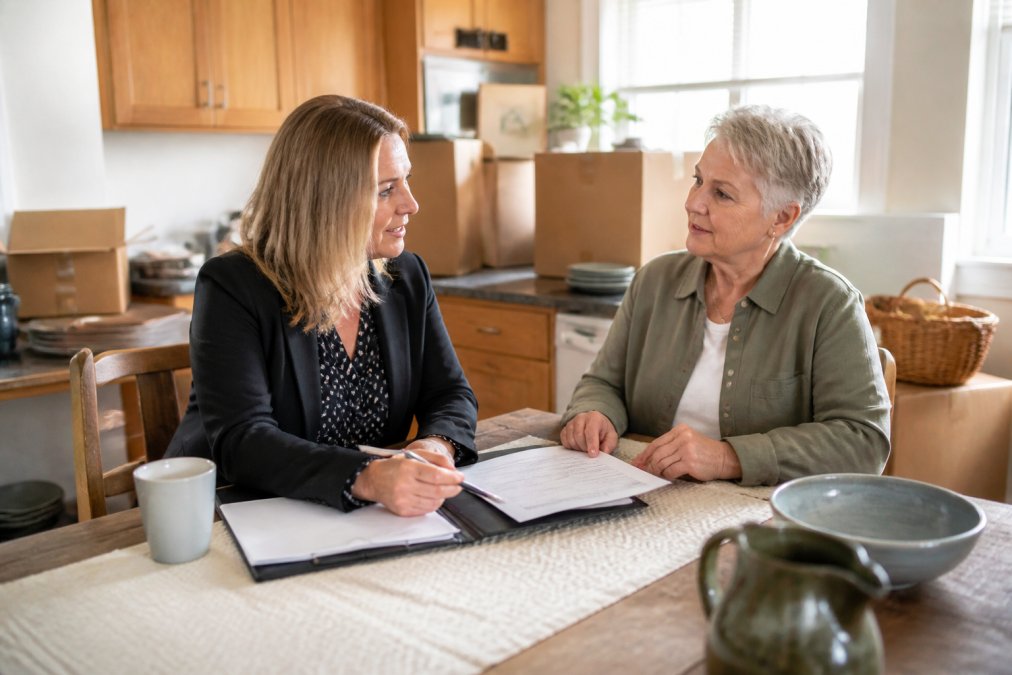A professional estate coordinator sitting across from a family member at a kitchen table, reviewing printed documents together, with cardboard boxes and household items visible in the background in warm afternoon light