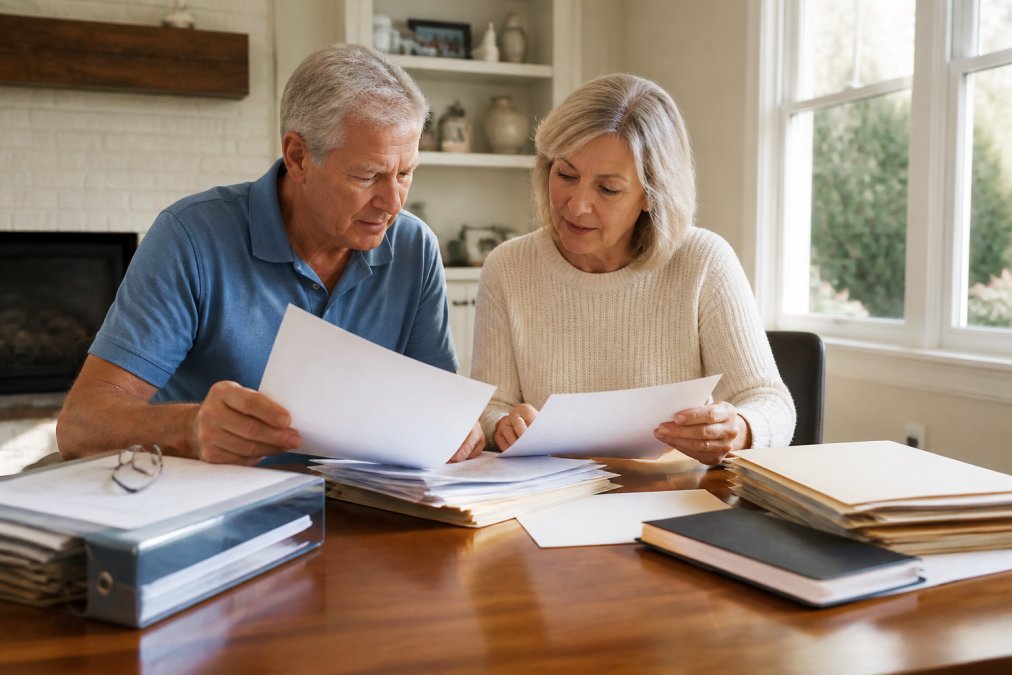 Retiree couple sitting at a home desk with documents, folders, and a laptop, reviewing financial statements and organizing paperwork together, natural afternoon light streaming through windows
