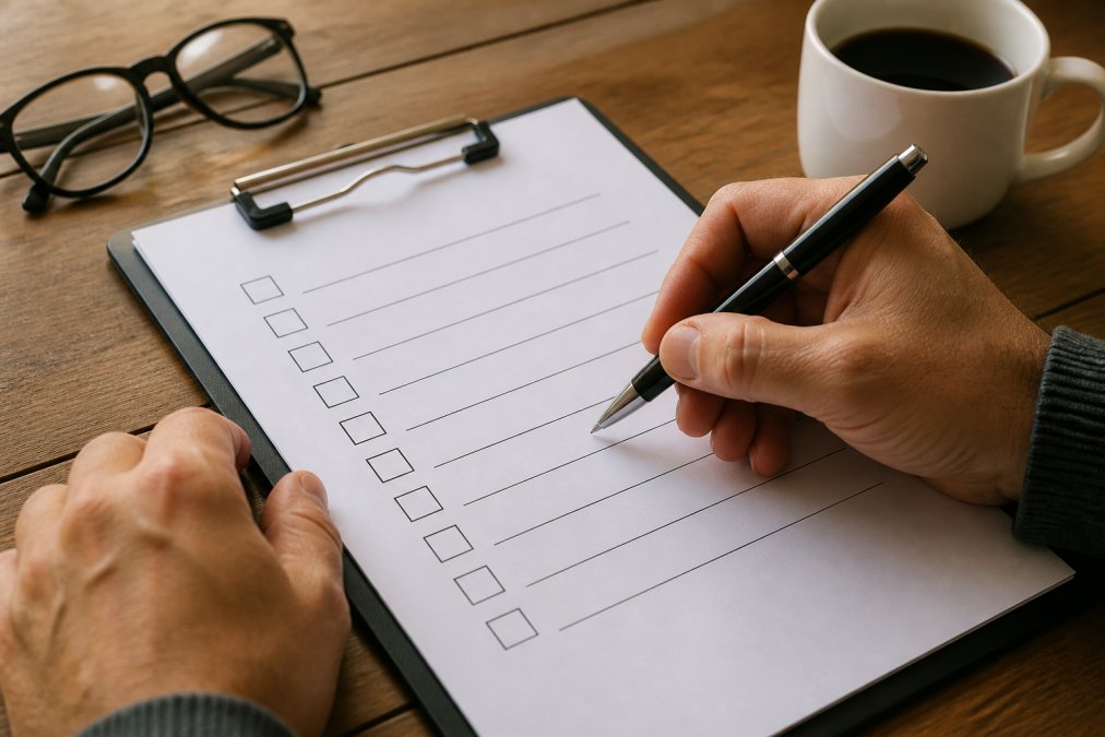 Close-up of hands writing on a checklist with a pen, coffee cup and reading glasses nearby on a wooden desk, warm indoor lighting