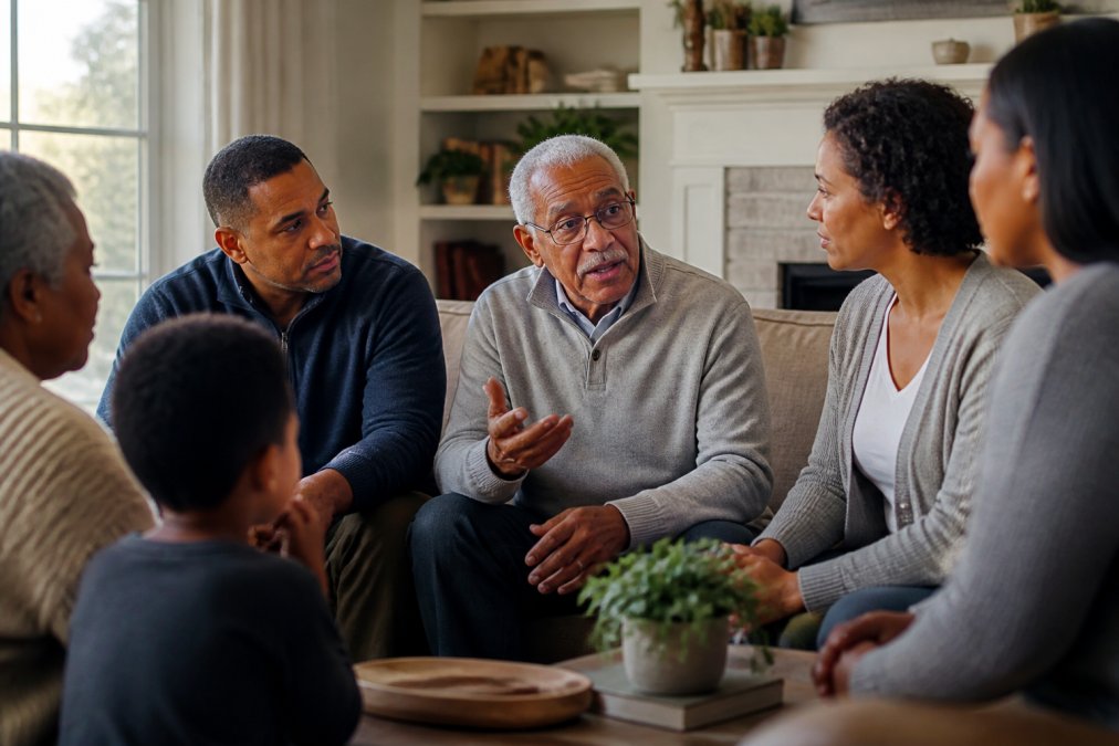 A multi-generational family sitting together in a comfortable living room, engaged in a serious but calm conversation. An older adult is speaking while adult children listen attentively, with natural window light illuminating the scene
