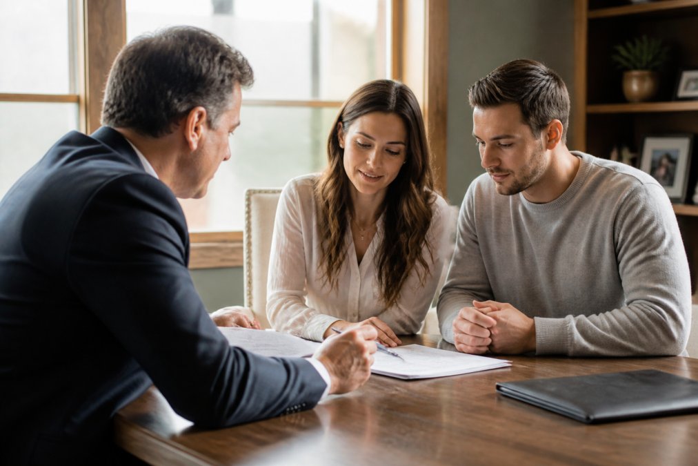 A financial advisor meeting with a young couple at a desk, reviewing estate planning documents together in a bright, warm office with natural window light