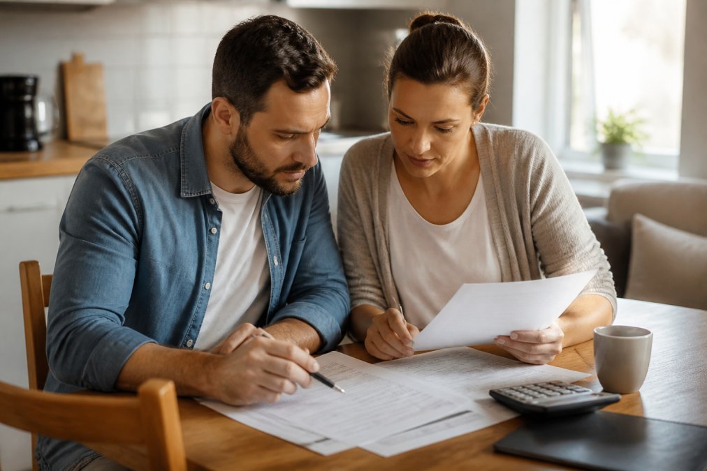 Young parents sitting together at a kitchen table reviewing estate planning documents with a focused, organized expression, natural morning light from nearby window