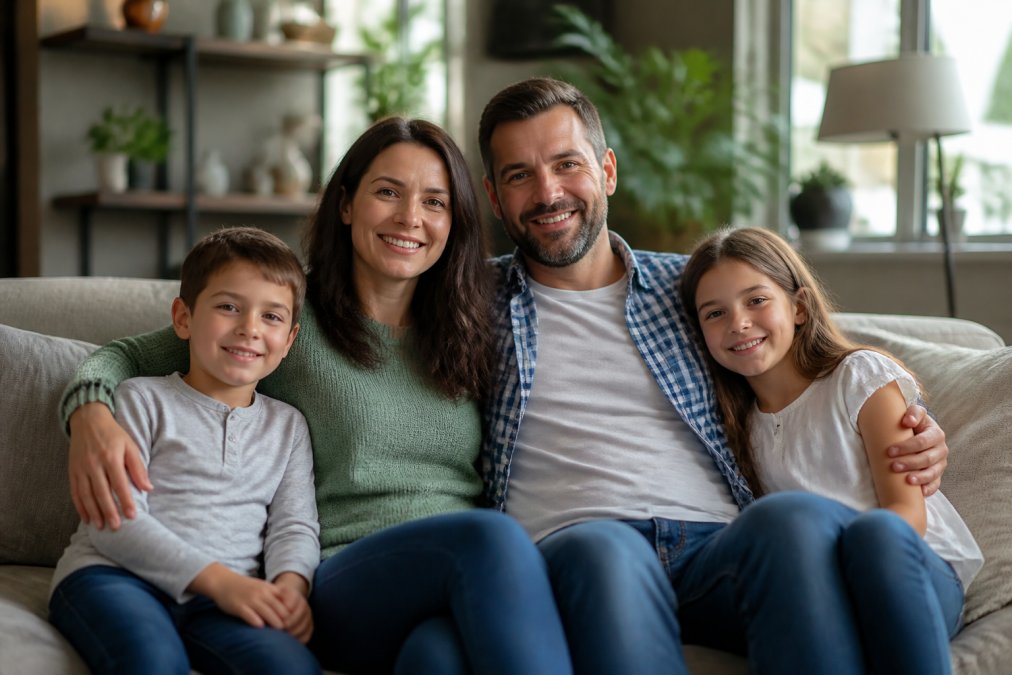 Young family of four sitting together in living room, parents with arms around children, warm lighting, peaceful home setting