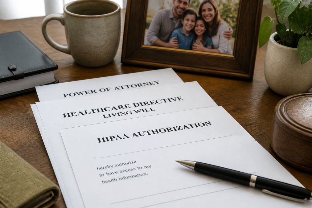 Close-up of legal documents including a power of attorney form and healthcare directive on a desk, with a pen and family photo visible in the background, warm office lighting