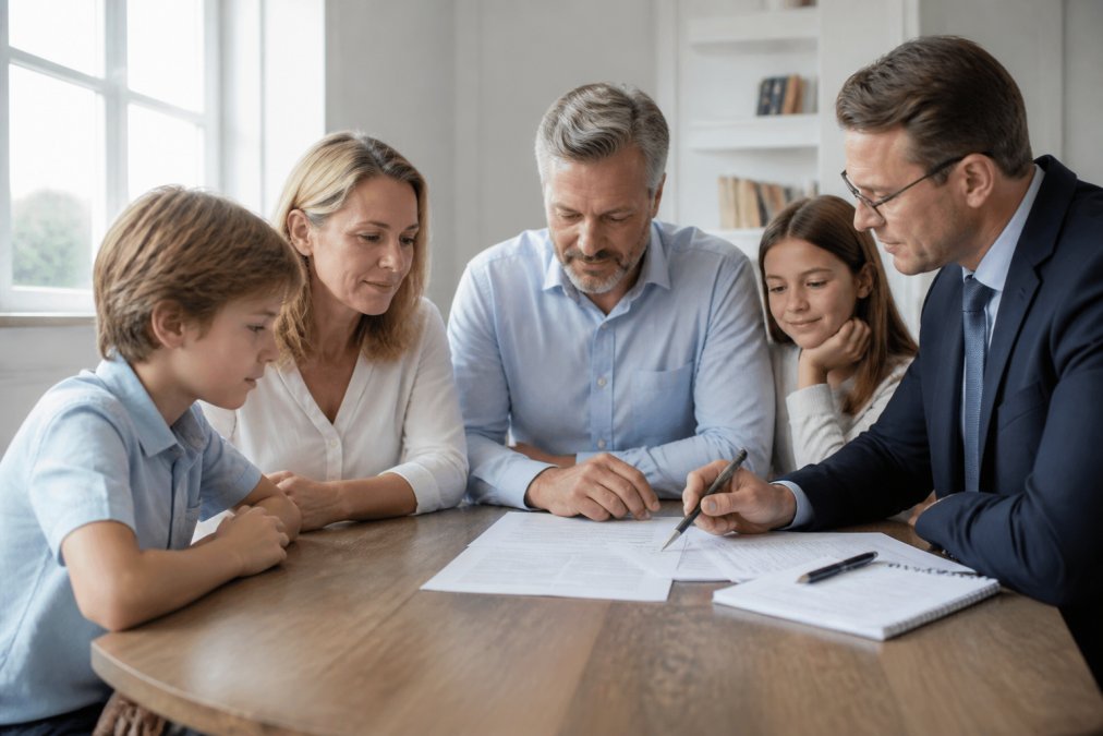 Flowchart illustrating blended family estate planning steps for a balanced financial meeting with an adviser