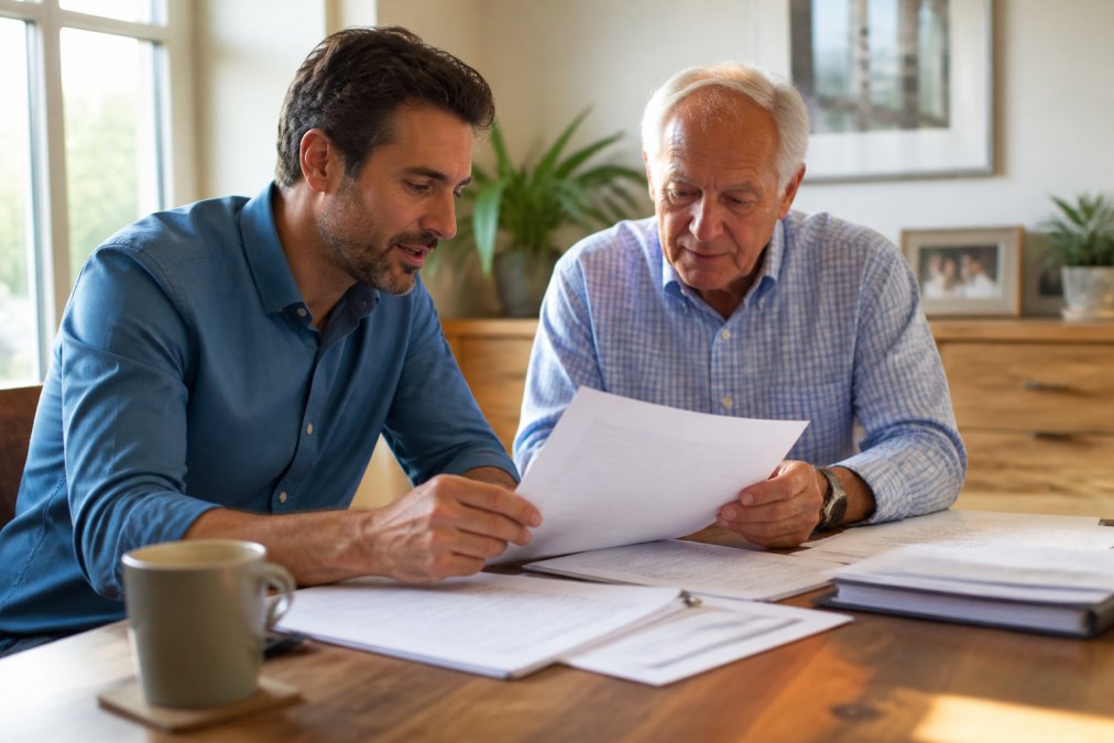 Adult child and elderly parent sitting at a wooden table with estate planning documents spread out, reviewing paperwork together in a calm, organized home office with warm natural lighting