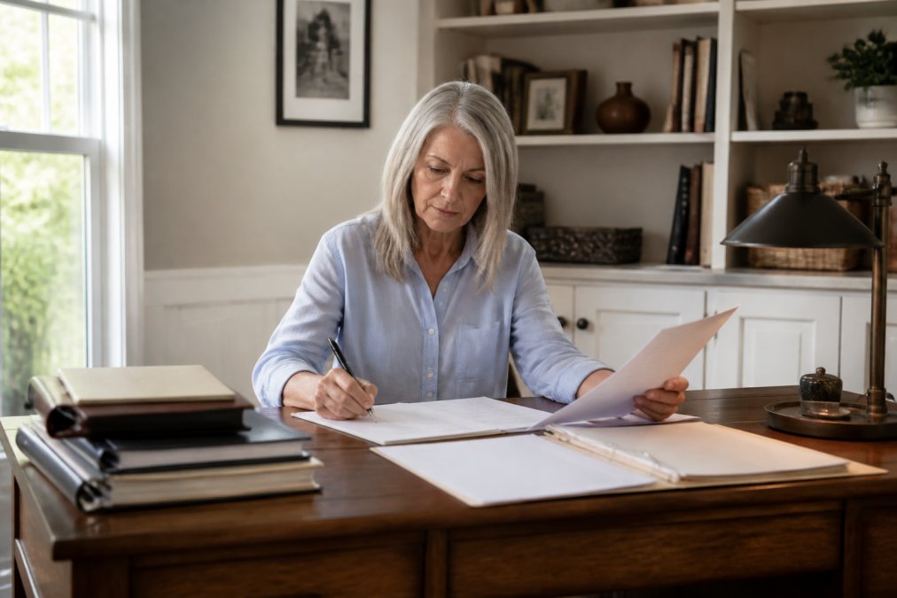 Person sitting at a desk with organized files, a checklist, and estate documents, reviewing paperwork with a focused expression while managing executor responsibilities in a quiet, well-lit home office