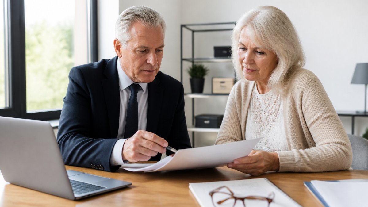 A retirement advisor and a client in their sixties reviewing financial documents together at a wooden desk in a bright modern office, a laptop open beside a notepad and reading glasses