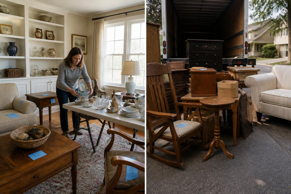 A professional organizer arranging household items on folding tables in a bright living room, small paper price tags visible on furniture and decor, natural window light