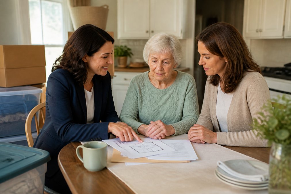 A compassionate professional coordinator reviewing a moving plan with an adult daughter and her elderly mother at a kitchen table, boxes and labeled bins nearby
