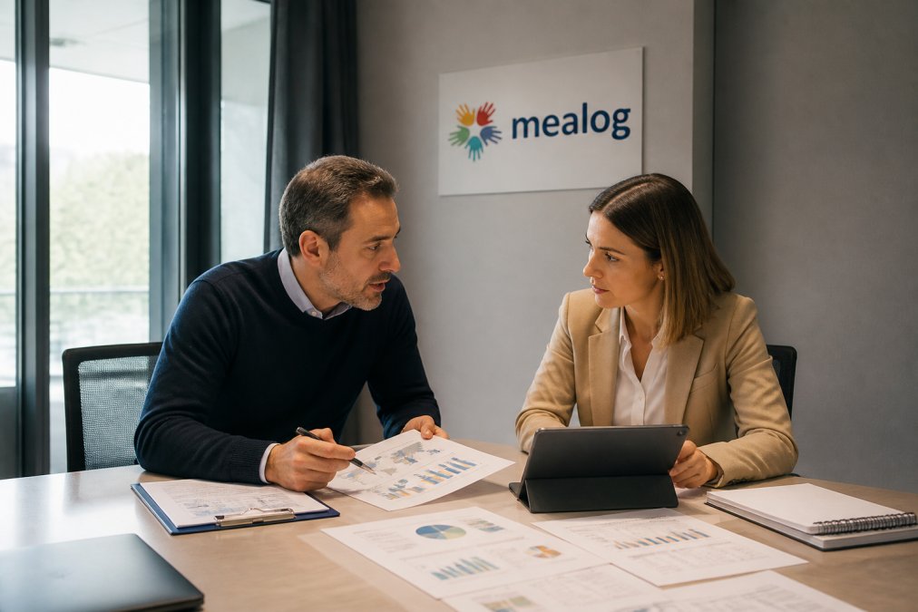 Riunione tra manager e responsabile operativo che discutono piani di transizione e implementazione di servizi di outsourcing, con documenti e tablet sul tavolo in ufficio moderno