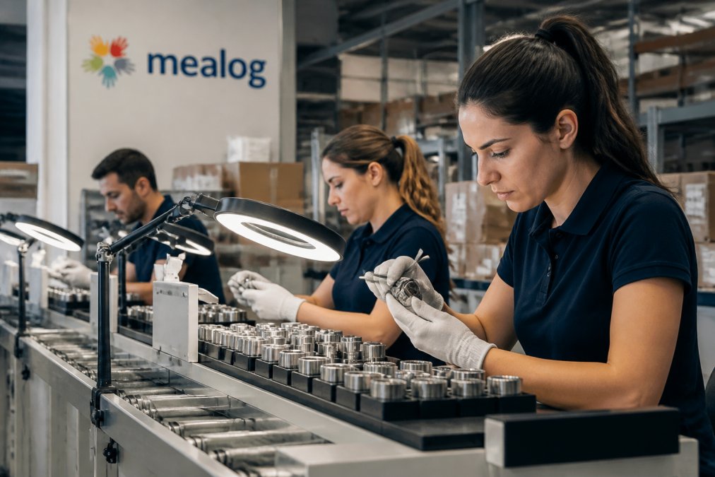 Team di operai qualificati che eseguono ispezione e controllo qualità su prodotti manifatturieri in una linea di produzione moderna, con attenzione ai dettagli e strumenti di misurazione calibrati sotto luci professionali
