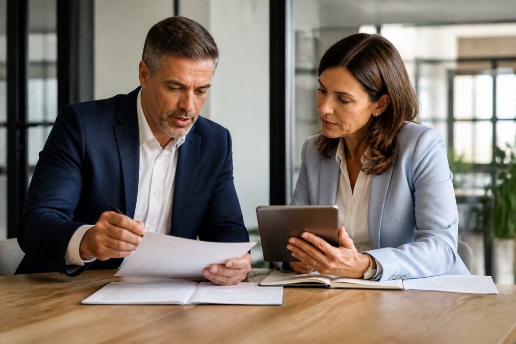 Manager aziendale e responsabile logistico seduti a un tavolo di lavoro in un ufficio professionale luminoso, che esaminano insieme documenti contrattuali e un tablet con dati operativi, con espressioni concentrate e professionali