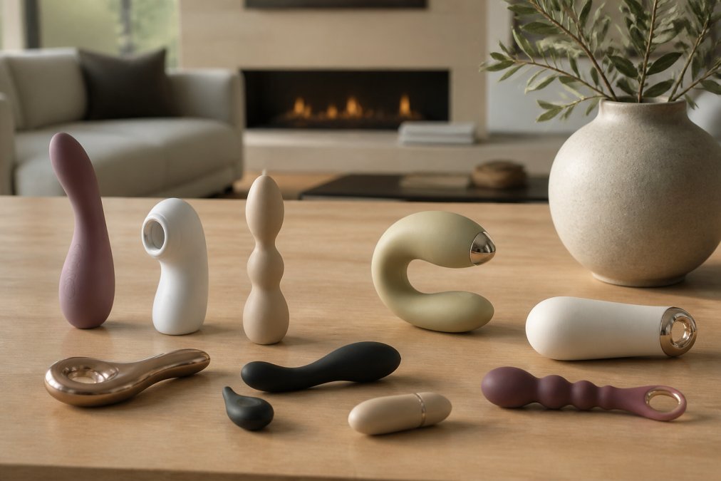 Close-up van elegante esthetische seksspeeltjes gerangschikt op een minimalistisch houten oppervlak met zacht natuurlijk licht, modern interieur op de achtergrond