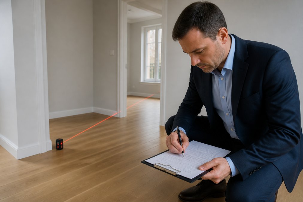 Expert immobilier en costume effectuant une inspection professionnelle dans une maison, mesurant les dimensions d'une pièce avec un mètre laser, prenant des notes détaillées sur un document d'évaluation