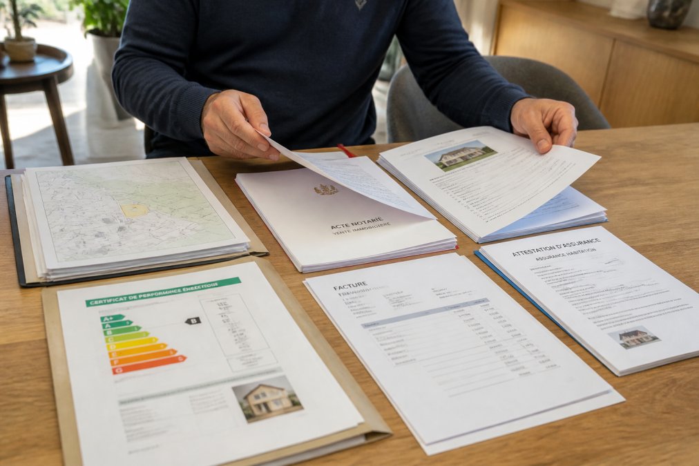 Propriétaire organisant sur une table de travail un dossier complet : plans cadastraux, certificat de performance énergétique (PEB), actes notariés, rapports d'inspection, factures de rénovation récente, et documents d'assurance habitation