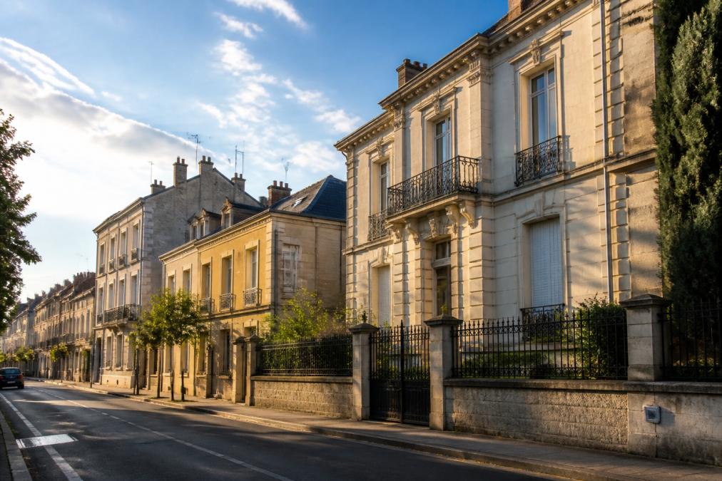 Rue résidentielle calme à Montluçon bordée de maisons en pierre pour une estimation immobilière montluçon réussie.