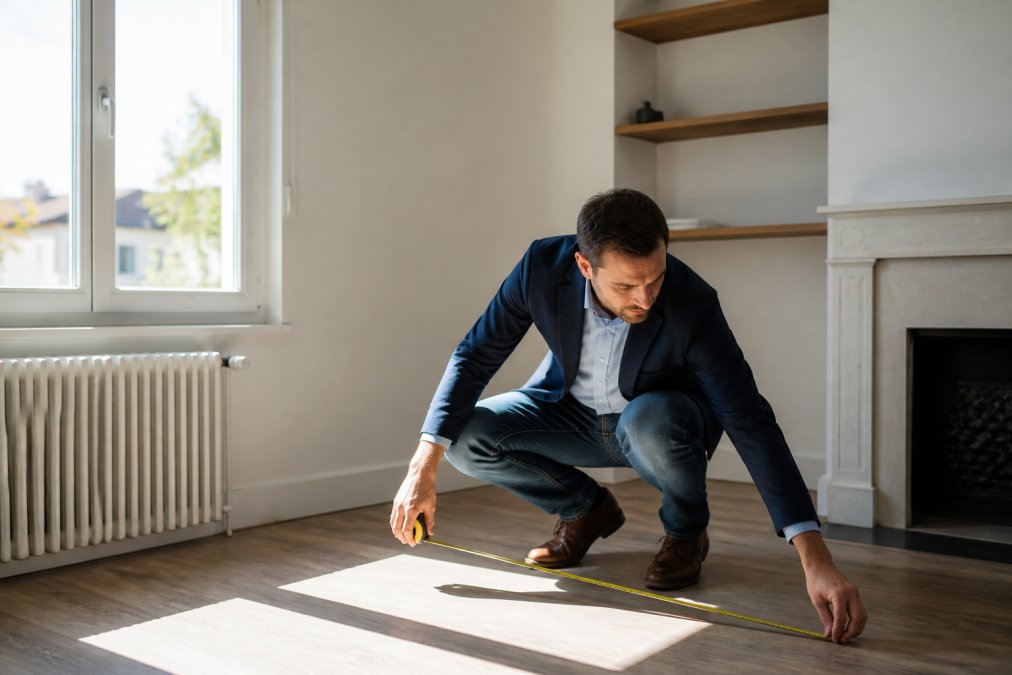 Agent immobilier inspectant une maison, mesurant une pièce avec un mètre, examinant attentivement les murs, les fenêtres et l'état général de la propriété dans une lumière naturelle