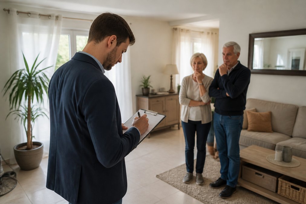 Agent immobilier prenant des mesures lors d'une estimation immobilière succession avec un couple âgé