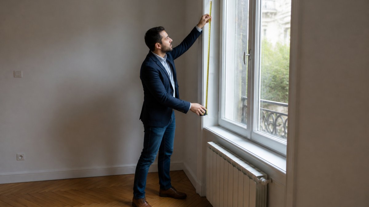 Expert immobilier professionnel inspectant une propriété résidentielle, mesurant les dimensions d'une pièce ou examinant l'état des murs et fenêtres dans une maison moderne